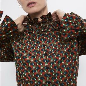 Zara Multicolor Ruffle Neck Long Sleeve Printed Top Medium